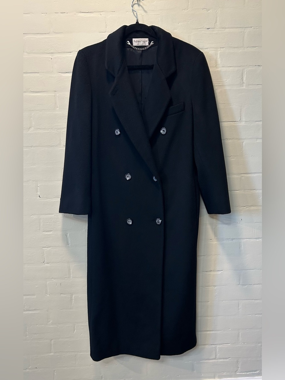 Vtg Ashley Scott Black 100% Wool Long Double Breasted Trench Coat USA M/L